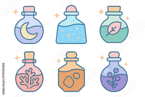 Six colorful fantasy potion bottles featuring mystical liquids, natural elements, and celestial symbols