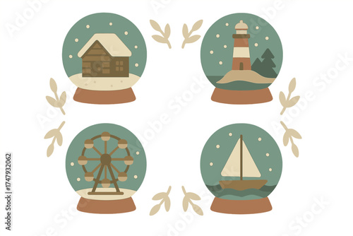 Stylized collection of four snow globes: winter cabin, lighthouse, Ferris wheel, and sailboat