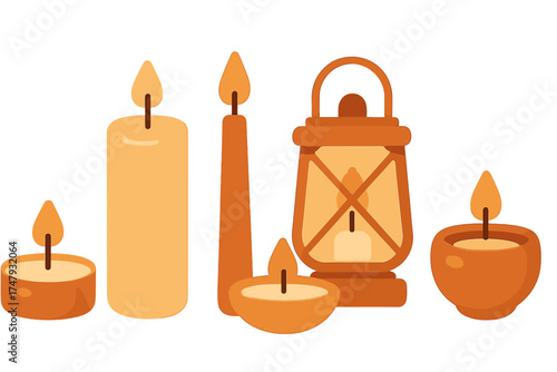 Burning wax candles of various shapes including pillar and taper next to a rustic lantern