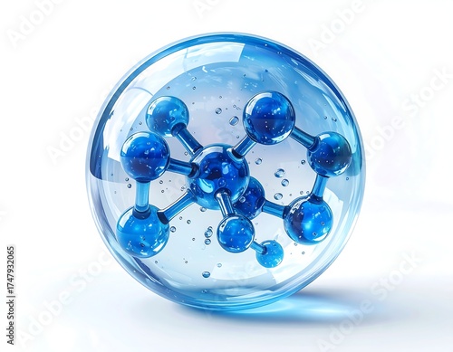 A translucent sphere encloses a complex, detailed molecular structure.  Blue spheres connected by lines,  within a clear, glassy orb.  Soft light highlights the intricate design