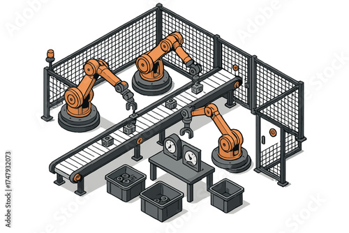 Isometric view of robotic arms working on an automated production line in a factory