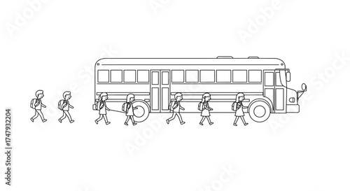 Stick figures collaboratively pulling a school bus with a rope