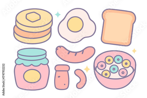 Cute pastel breakfast food items including pancakes, fried egg, toast, sausage, jam, and cereal bowl