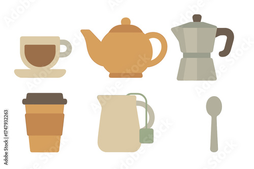 Stylized collection of coffee and tea brewing equipment and accessories on white background