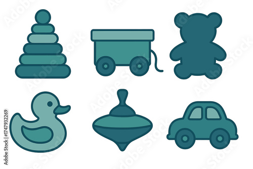 Collection of classic baby and toddler toys including stacking ring, wagon, and rubber duck