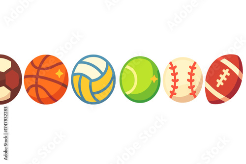 Colorful row of essential sports balls including soccer basketball volleyball tennis and baseball