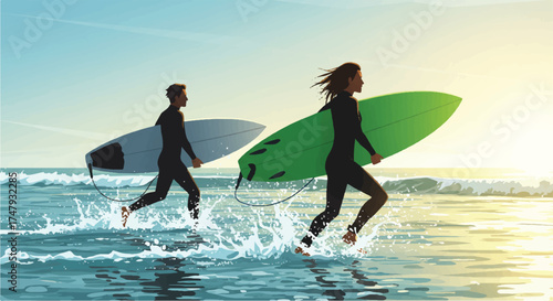 Surfers Running on the Beach with Surfboards at Sunset