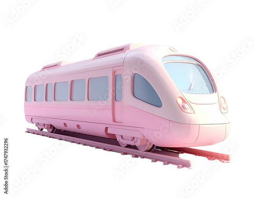 A pastel pink high-speed train on tracks, isolated on a transparent background