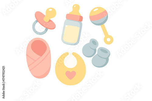 Newborn essentials collection including swaddled baby, pacifier, feeding bottle, bib, booties, and rattle