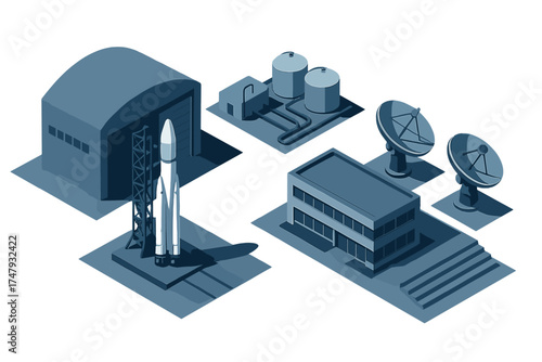 Isometric view of a space launch complex featuring a rocket, hangar, control building, and satellite dishes