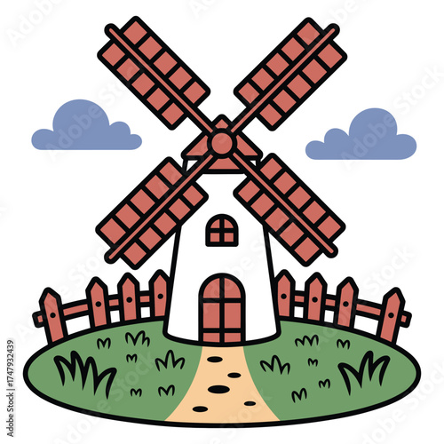Illustration of a windmill with a fence and clouds, a rural scene
