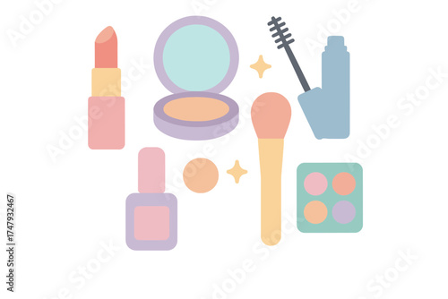 Pastel collection of essential beauty and cosmetic products like lipstick and mascara