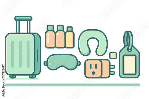 Organized set of travel essentials featuring luggage, neck pillow, sleep mask, and power adapter