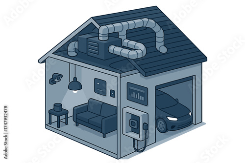 Isometric cross section of a smart home displaying energy efficient systems and electric vehicle charging