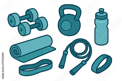 Essential fitness and gym equipment set for home workouts and physical training