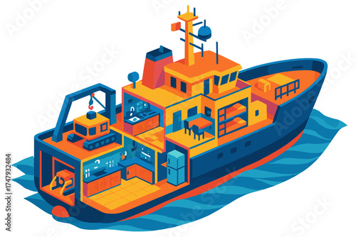 Isometric cross-section of a large working ship revealing crew quarters, kitchen, and deck crane