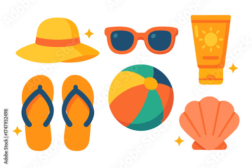 Colorful summer beach accessories set with hat sunglasses sunscreen flip flops ball and shell