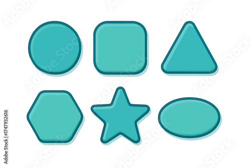 Six fundamental geometric shapes in turquoise color with smooth edges and subtle shadow