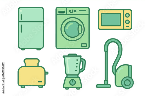 Set of essential home appliances including refrigerator washing machine microwave toaster blender and vacuum cleaner