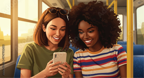 Two Friends Sharing Photos on Phone during Bus Ride - Vector Illustration