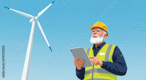 Wind Turbine Engineer Inspecting Renewable Energy Production on Tablet
