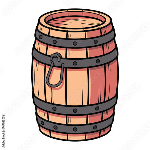 Illustration of a wooden barrel with metal hoops and a handle