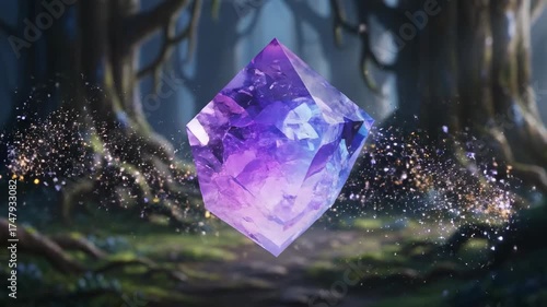 Enchanted Crystal: Mystical Gemstone Shimmers in a Dreamy Forest Landscape