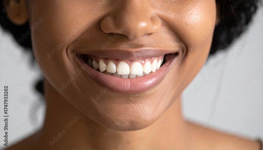 Obraz premium Young woman with a bright, healthy smile showing her teeth in a close-up beauty shot