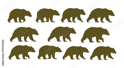 A dozen distinct bear figures walking. silhouette. Set against a white background