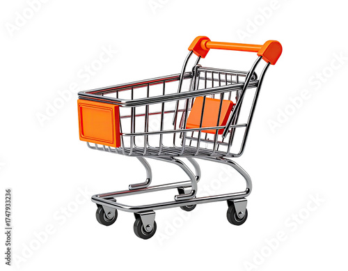 Small, empty shopping cart with orange accents and a metallic frame, isolated on black