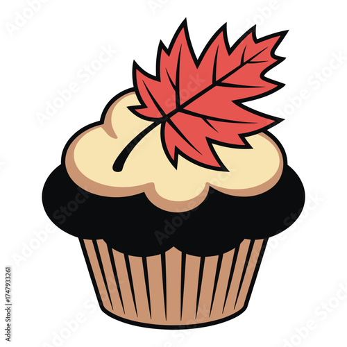 Illustration of a cupcake with a maple leaf on top