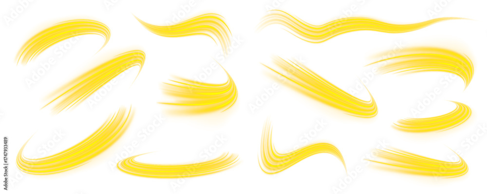 Fototapeta premium Neon yellow swirl lines, dynamic energy vortex effect. Futuristic motion trails and glowing curves. Abstract high-speed light elements on dark background. PNG