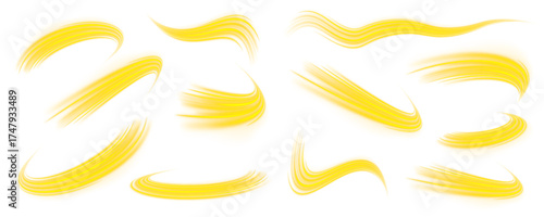 Neon yellow swirl lines, dynamic energy vortex effect. Futuristic motion trails and glowing curves. Abstract high-speed light elements on dark background. PNG