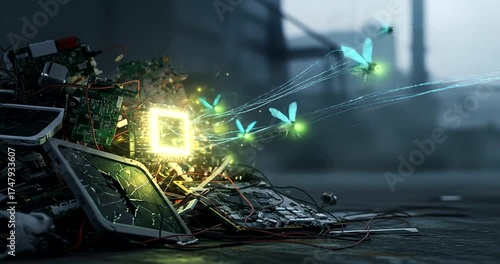Glowing robotic insects swarm around discarded electronic waste and glowing circuits.