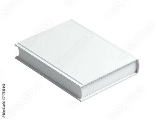 A single, closed white hardcover book, isolated against a stark black backdrop