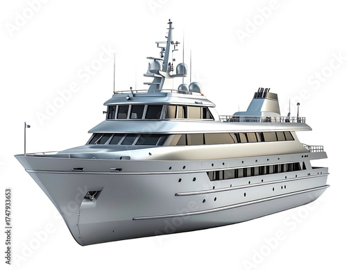 Luxurious white yacht with multiple decks, antennas, and reflective surfaces, isolated
