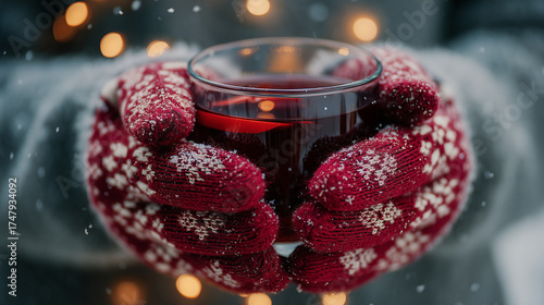 Warm gloved hands holding hot drink during snowy evening at Rovaniemi Christmas Celebration in Lapland Finland filled with cozy festive spirit