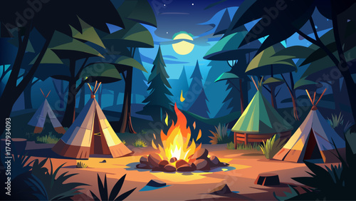 Very beautiful campfire burning brightly in front of several teepees within a dark forest at night, vector-style illustration highlighting warm glow, shadows, and serene wilderness atmosphere.