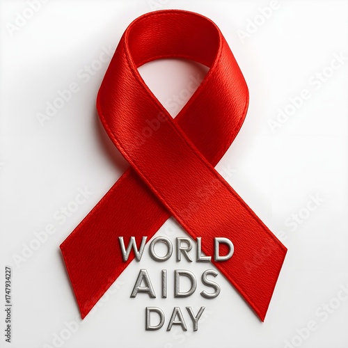 Aids awareness ribbon. A ribbon with the word AIDS on it. The ribbon is red. The ribbon is on a white background. 