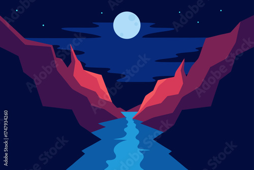 Illustration of canyon river at night with moon view