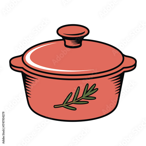 Illustration of a red casserole dish with a lid and rosemary sprig