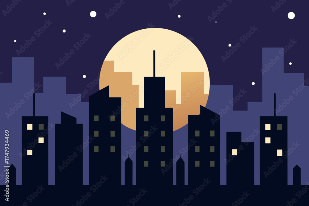 Naklejka premium City skyline silhouette with moon and stars at night