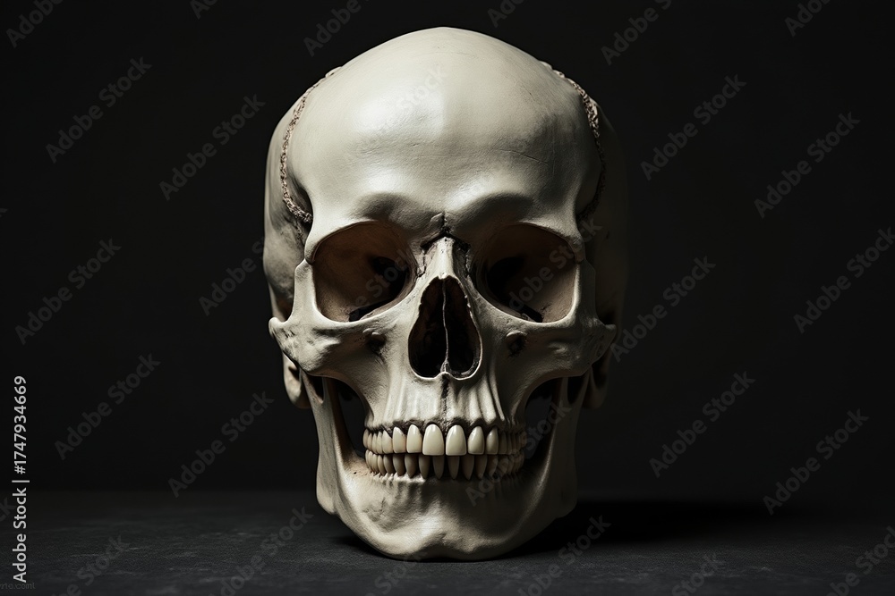 Fototapeta premium Detailed Front View of a Human Skull with Teeth on a Dark Textured Background