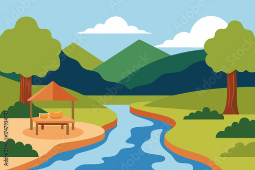 Landscape with gazebo river and mountains in the back