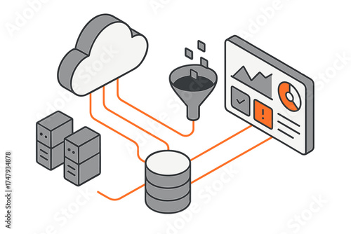 Cloud data pipeline architecture featuring servers, database storage, filtering, and analytics dashboard