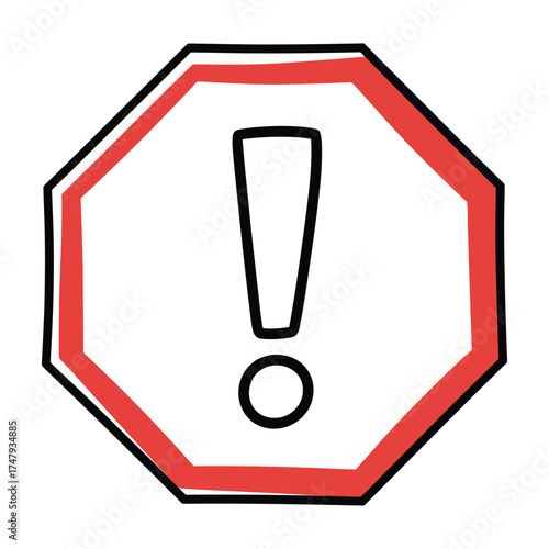 Hand drawn attention sign octagon warning sign with exclamation mark inside