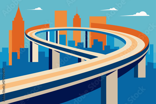 Cityscape with elevated road and stylized buildings