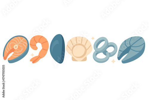 Fresh raw seafood collection featuring salmon steak, shrimp, mussel, scallop, and calamari rings