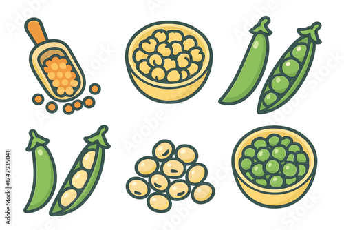 Stylized set of various legumes and beans including peas, soybeans, and chickpeas icons