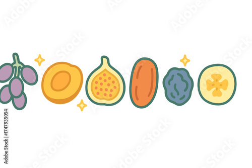 Assortment of dried fruits and fruit slices including grapes, apricot, fig, date, and banana